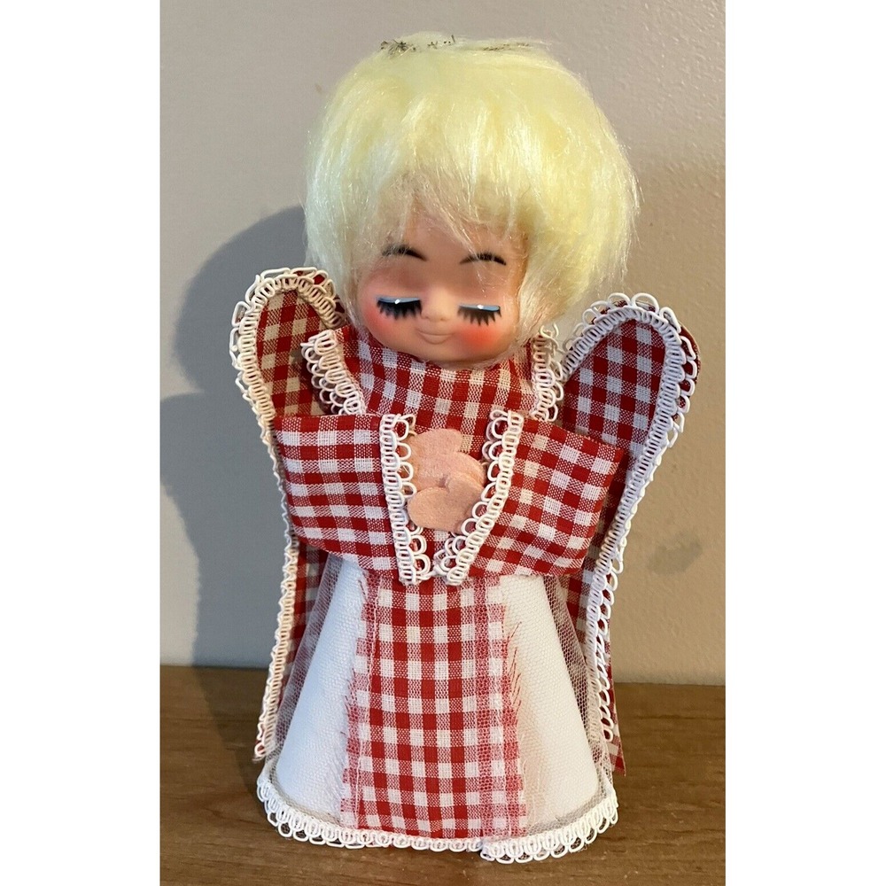 Vintage Japan Cardboard Angel with Cone Spun Cotton Hair - Gingham Tree Topper